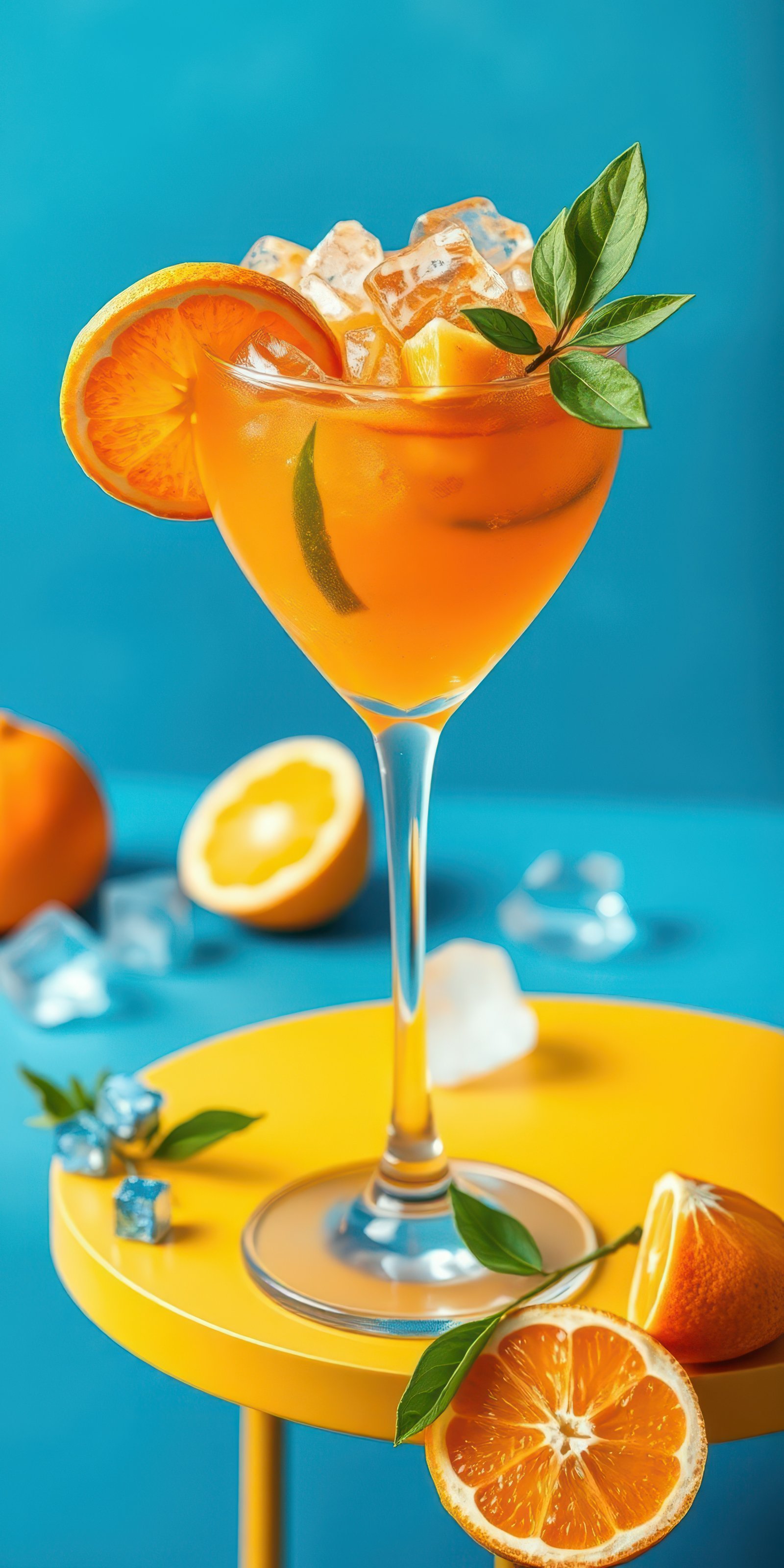 Refreshing citrus cocktail served in a stylish glass on a vibrant yellow table with fresh oranges and ice